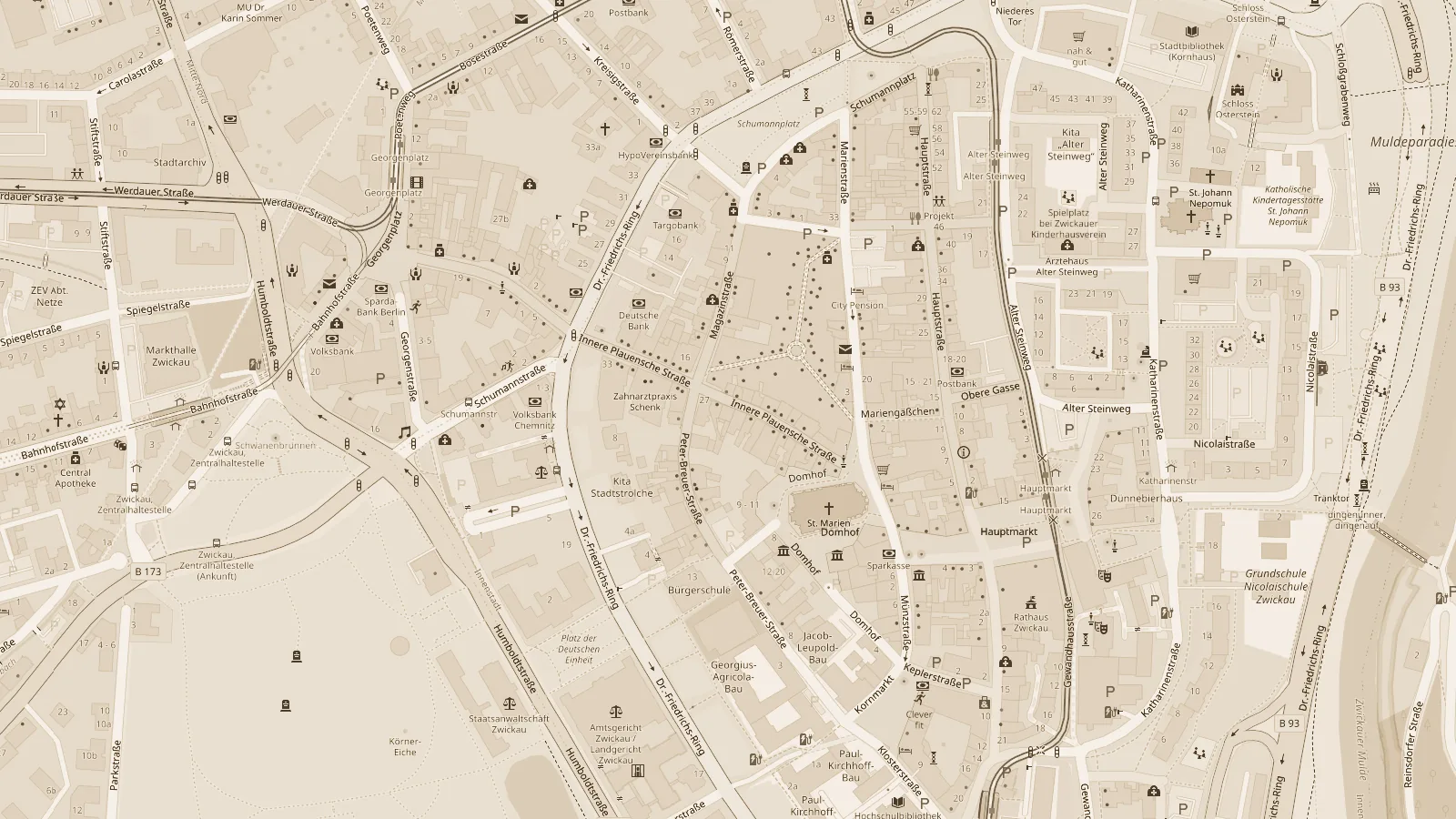 Stadtplan-Ausschnitt der Zwickauer Innenstadt mit dem Salon SHERO STYLE II in der Inneren Plauenschen Straße 23